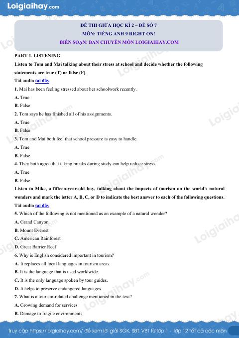 Đề thi giữa kì 2 Tiếng Anh 9 Right on! - Đề số 4